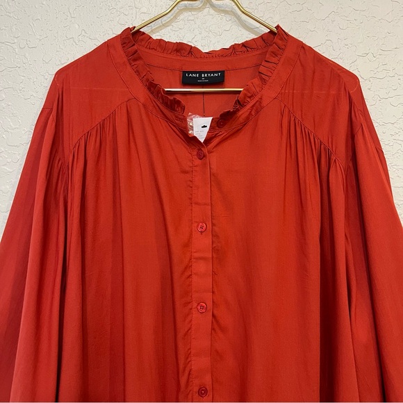 Lane Bryant Rust Ruffle Neck Pleated Long Sleeve Button Down Top NWT - Picture 2 of 9